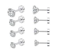 Orecchini Uomo Donna con Zirconia Cubica,4 Paia di Set Orecchini a Bottone in Acciaio al Titanio Anallergici Argento Orecchino per Donna Uomo Ragazza Gioielli Set, 2/3/4/5 mm