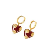 Orecchini vintage a forma di cuore placcati in oro con smalto rosso, design a fiore di cristallo, piccolo cerchio pendente a goccia, stile da donna