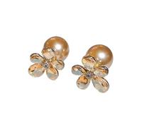 Orecchini Vintage con Perle e Fiori, Orecchini a Bottone con Accenti Riflettenti Champagne, Gioielli Floreali in Tonalità Calde per Donna