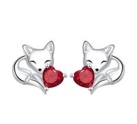 Orecchini Volpe per Donne, Argento Volpe Abbracciante a Borchia con Cuore Cristallo Rosso, Gioielli Animali Fantasiosi 13mm Leggeri 3.03g, Piccolo Regalo