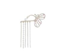 Orecchino a farfalla color argento con strass rosa e trasparenti, perle finte e catena con nappa, clip per orecchio da donna, gioielli eleganti per feste e matrimoni