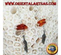 Orecchino In Argento 925 ‰ pendente con 2 pezzi di ambra ed una piuma