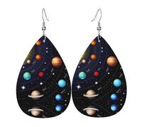 Orecchino in pelle con sistema solare dello spazio esterno per le donne a goccia pendente stampato accessori moda abbigliamento quotidiano festa, Misura unica, Pelle