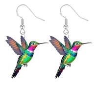 Orecchino Naso Argento Pietra Incastonata Novelty Colorful Elegant Long Parrot Hummingbird Dangle Drop Animal Earrings Jewelry (Green, One Size)