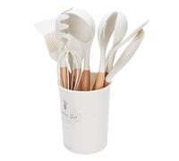 Oreilet Utensili Cucina Impostare Silicone, 11 Pezzi Kit Utensili Cucina con Supporto, Manici in Legno Turner Resistente a Chiusura Spatola Spaone Spazzola per Pentole Antiaderente