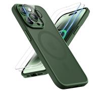 ORETECH Magnetica Cover per iPhone 14 Pro con 2 Vetro Temperato e 1 Vetro Fotocamera, [Compatibile con MagSafe] Custodia Traslucida Opaca Antiurto Ultra Sottile Hard PC Silicone - Verde Scuro