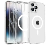 ORETECH Magnetica Cover per iPhone 14 Pro con 2 Vetro Temperato e 1 Vetro Fotocamera, [Compatibile con MagSafe] Custodia Traslucida Opaca Antiurto Ultra Sottile Hard PC Silicone-Trasparente