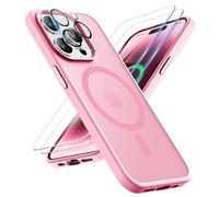 ORETECH Magnetica Cover per iPhone 14 Pro con 2 Vetro Temperato e 1 Vetro Fotocamera, [Compatibile con MagSafe] Custodia Traslucida Opaca Antiurto Ultra Sottile Hard PC Silicone - Rosa Chiaro