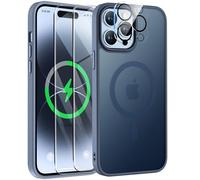 ORETECH Magnetica Cover per iPhone 14 Pro con 2 Vetro Temperato e 1 Vetro Fotocamera, [Compatibile con MagSafe] Custodia Traslucida Opaca Antiurto Ultra Sottile Hard PC Silicone - Blu Navy