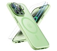 ORETECH Magnetica Cover per iPhone 14 Pro Max [Compatibile con MagSafe], con 2 Vetro Temperato e 1 Vetro Fotocamera, Custodia Traslucida Opaca Antiurto Ultra Sottile Hard PC Silicone,Ciano Chiaro