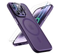 ORETECH Magnetica Cover per iPhone 14 Pro Max [Compatibile con MagSafe], con 2 Vetro Temperato e 1 Vetro Fotocamera, Custodia Traslucida Opaca Antiurto Ultra Sottile Hard PC Silicone, Viola Scuro