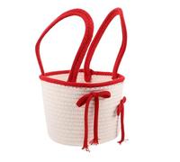 ORFOFE Cestino Intrecciato con Manici in Corda di Cotone 20x15 Cm con Fiocco Rosso, Organizer Rotondo Portaoggetti per Cancelleria, Cosmetici e Cameretta, Contenitore Decorativo