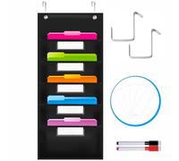 Organigramma tascabile, organizer da parete con 5 tasche per cartelle, 5 cartellini con nome, cancellabili a secco e 2 ganci per porta, 35.6 x 71 cm.