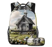 Organization Meets Style, set di 2 zaini per bambini con zaino di grande capacità e astuccio per ragazzi, ragazze, adolescenti, casa con croce pasquale grigia, Multicolore, B：29.4x20x40cm\