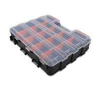 Organizer a doppia faccia con 30 divisori rimovibili, coperchio trasparente e doppi fermi per mantenere una chiusura sicura per strumenti e piccole parti