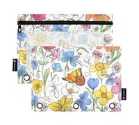 Organizer con fiori primaverili, narcisi, peonie, farfalle, api, astuccio morbido con finestra trasparente in colori assortiti, per ufficio, scuola, cosmetici, 2 pezzi