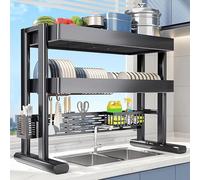 Organizer Cucina Salvaspazio a 2 Ripiani Scolapiatti da Appoggio per Lavello Acciaio ai Carbonio Scolaposate da Lavello per Piatti, Pentole, Padelle, Utensili da Cucina(Black,93 * 30 * 77cm)