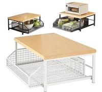 Organizer Da Cucina Salvaspazio Con Cestello Estraibile,telaio In Metallo E Ripiani In Legno,per Organizzazione Microonde Tostapane Caffettiera Spezie E Utensili(Natural wood color+white)