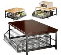 Organizer Da Cucina Salvaspazio Con Cestello Estraibile,telaio In Metallo E Ripiani In Legno,per Organizzazione Microonde Tostapane Caffettiera Spezie E Utensili(Dark brown+black)
