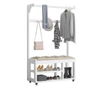 Organizer da ingresso 5 in 1 con panca portaoggetti, scarpiera e ganci, appendiabiti autoportante con ruote per un facile montaggio e mobilità