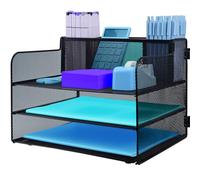 Organizer da scrivania a 3 livelli con manico e portapenne, organizer in rete estraibile, per scrivania, vassoio organizer da scrivania in rete, organizer per documenti A4, forniture per ufficio, nero