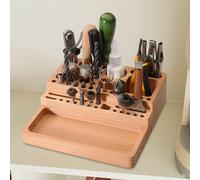 Organizer da scrivania con fori per fessure, portautensili in legno e pelle
