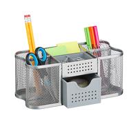 Relaxdays Design a Rete Organizer da Scrivania Ufficio, Scomparti Portapenne e Cassetto Cancelleria, 10x23,5x11,5 cm, Acciaio, Argento