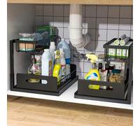 Organizer estraibile a 2 ripiani da posizionare sotto il lavello - Soluzione di stoccaggio multifunzionale per cucina e bagno, organizer nero da posizionare sotto il lavandino e nell armadio Bianco,ne