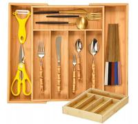 Organizer in BAMBU' Cassetti Posate, 7 Scomparti, Estensibile Fino a 39x37 Cm, Organizzatore Vassoio Cassetto Espandibile Utensili, Posate Utensili Ordine in Cucina, Coltelli Forchette Cucchiai,