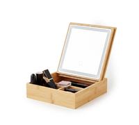 Organizer in Bambù con Specchio a LED - Portaoggetti 3 Scomparti 19.7x19.7x22 cm