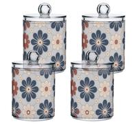 Organizer in plastica trasparente con motivo floreale invernale blu e rosso, con coperchio, per riporre cotton fioc, cotton fioc, graffette e fermagli per capelli, confezione da 4