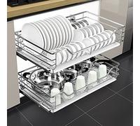 Organizer Per Armadietto Estraibile Individuale A 2 Livelli, Cestello Estraibile In Acciaio Inossidabile 304, Con Vaschetta Di Drenaggio E Guida Di Smorzamento Per Armadi-Silver-65(W)*41(D)*14(H)cm