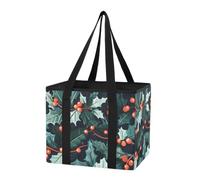 Organizer per bagagliaio dell'auto, robusto, riutilizzabile, per la spesa, con foglie di agrifoglio e bacche su sfondo verde, impermeabile, con manici e fondo rigido, per shopping, lavoro, viaggi, 1