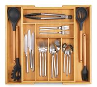 Organizer per cassetti da cucina in bambù: regola facilmente la larghezza del vassoio in legno alle dimensioni del cassetto, abbastanza profondo per adattarsi a tutto il cassetto e può ospitare