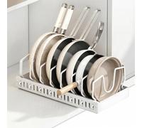 Organizer per coperchi di pentole, estraibile, con binario scorrevole | Porta coperchi con 12 scomparti, organizer per pentole e padelle, per cassetto, armadio, coperchio da cucina (bianco)