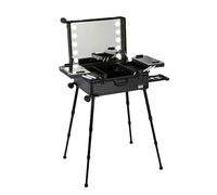 Organizer per cosmetici con rotelle con 4 ruote girevoli, 8 luci e specchio, custodia per trucco in alluminio, trolley da viaggio per valigia per trucco di bellezza (Black Stripe 58X45X23cm)