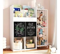 Organizer per giocattoli con 4 armadietti per giocattoli, scaffale a 3 livelli con lavagna, organizer in metallo per animali, contenitore per giocattoli per camera dei bambini, stanza dei giochi