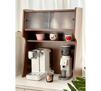organizer per macchina da caffè Organizzatore for postazione caffè da banco con ante in acrilico, porta cialde for caffè a strati color noce, ripiano for esposizione tazze da tè