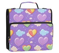 Organizer per raccoglitori con cerniera a 3 anelli, 3,8 cm, con manico e tracolla rimovibile, impermeabile, organizer per documenti per ufficio e scuola, cuori colorati, viola arcobaleno