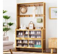 Organizer per scarpe da ingresso con anta a ribalta, mobiletto in rattan di bambù con attaccapanni, mobiletto portascarpe per 16-20 paia, salvaspazio, facile da montare, per cucina, ingresso, soggiorn