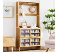 Organizer per scarpe da ingresso con anta a ribalta, mobiletto in rattan di bambù con attaccapanni, mobiletto portascarpe per 16-20 paia, salvaspazio, facile da montare, per cucina, ingresso, soggiorn