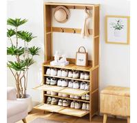 Organizer per scarpe da ingresso con anta a ribalta, mobiletto in rattan di bambù con attaccapanni, mobiletto portascarpe per 16-20 paia, salvaspazio, facile da montare, per cucina, ingresso, soggiorn