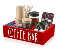 Organizer per stazione di caffè e tè, organizer in legno per caffè con divisori rimovibili, organizzazione da cucina per bastoncini, miscelatori, tazze di sciroppo, snack
