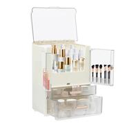 Organizer per trucchi con coperchio trasparente, 2 cassetti, doppia porta, porta per cosmetici, organizer, bianco, rosa, trasparente, per camera da letto, bagno