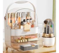 Organizer per trucchi con porta pennelli, 3 strati di grande capacità, organizer per trucchi con copertura impermeabile e antipolvere, per piano di lavoro del bagno