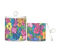 Organizer per trucchi in plastica trasparente colorata con motivo floreale, con coperchio, piccoli contenitori decorativi per tamponi di cotone, bastoncini di cotone, filo interdentale, graffette