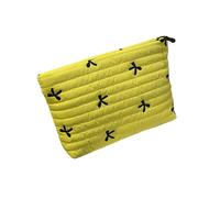 Organizer per trucchi trapuntato, design con fiocco ricamato, spaziosa borsa per cosmetici lavabile per cosmetici da viaggio, custodia morbida protettiva per trucco, Giallo, Taglia unica