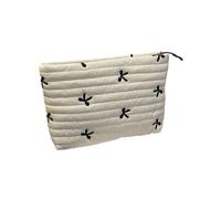 Organizer per trucchi trapuntato, design con fiocco ricamato, spazioso e lavabile, borsa per cosmetici da viaggio essenziale, bianco