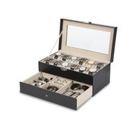 Organizer Porta Orologi e Gioielli in Pelle Nera con Coperchio in Vetro