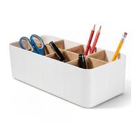 Organizer Scrivania Bambù 8 Scomparti Portapenne ABS Bianco Multifunzione | Telecomando Accessori Trucco Pennelli Divisorio Rimovibile Compatto Pulizia Facile